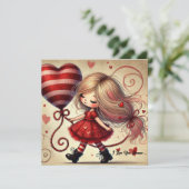水彩画風の漫画のバレンタインガールと風船 シーズンカード (スタンド正面)