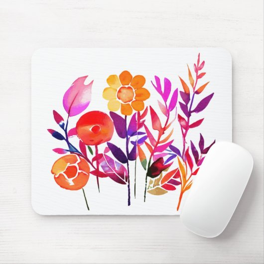 水彩画風の白背景に描かれた秋の葉と花 マウスパッド (マウス)