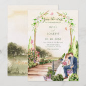 水彩画風の美しい庭園で夫婦の結婚式 セーブザデート (正面/裏面)