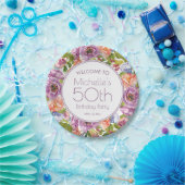 水彩画風の花とオレンジのパープルでお祝い 50歳の誕生日 ペーパープレート (パーティー)