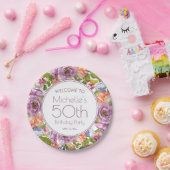 水彩画風の花とオレンジのパープルでお祝い 50歳の誕生日 ペーパープレート (パーティー)