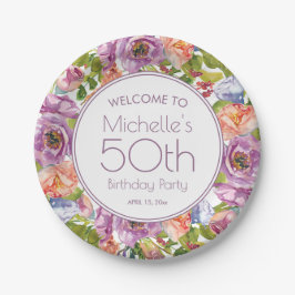 水彩画風の花とオレンジのパープルでお祝い 50歳の誕生日 ペーパープレート