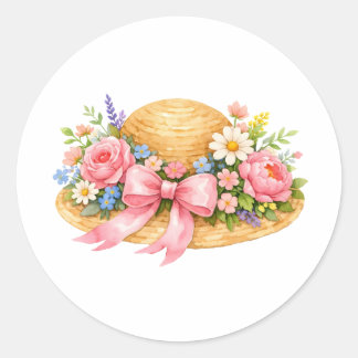 水彩画風の花とリボンのサマーハット ラウンドシール