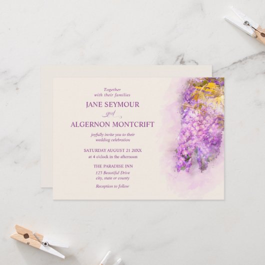 水彩画風の藤の結婚招待状 招待状 (正面/裏面インサイチュ)