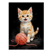 水彩画風の遊び心あふれる子猫と毛糸 ポスター (正面)