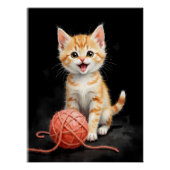 水彩画風の遊び心あふれる子猫と毛糸 ポスター (正面)
