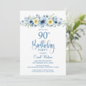 水彩画風の青と黄色の花柄 90歳の誕生日 招待状 (スタンド正面)
