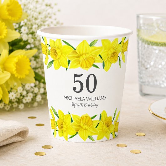 水彩画風の黄色い水仙の花 50歳の誕生日パーティー 紙コップ