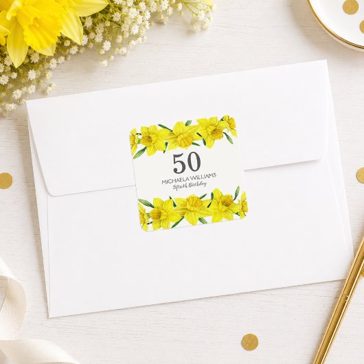 水彩画風の黄色い水仙の50歳の誕生日パーティー スクエアシール