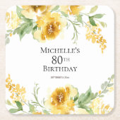 水彩画風の黄色い花と葉の80歳の誕生日 スクエアペーパーコースター (正面)