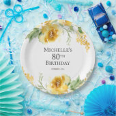 水彩画風の黄色い花と葉の80歳の誕生日 ペーパープレート (パーティー)