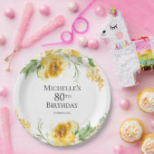 水彩画風の黄色い花と葉の80歳の誕生日 ペーパープレート (パーティー)