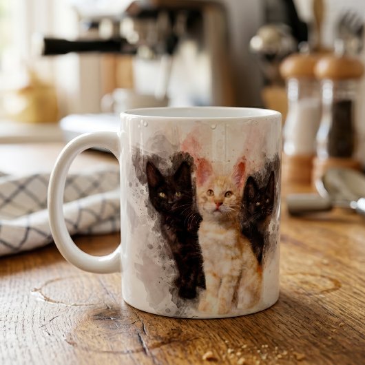 水彩画風の黒猫とオレンジ色の子猫のトリオ コーヒーマグカップ