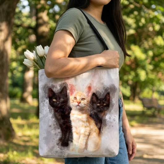 水彩画風の黒猫とオレンジ色の子猫のトリオ トートバッグ