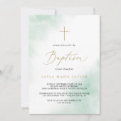 水彩画風グリーンとゴールドの洗礼 招待状 (正面)
