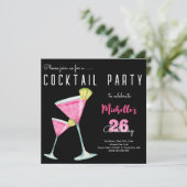 水彩画風コクテールパーティーの誕生日 黒 招待状 (スタンド正面)