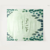 水彩画風ユーカリの葉のウェディングフォトバックドロップ タペストリー (正面(横))