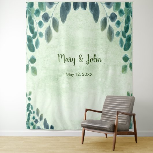 水彩画風ユーカリの葉のウェディングフォトバックドロップ タペストリー (インサイチュ)