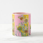 水彩画風黄色とピンクの水仙の花の絵M マグカップ (中央)