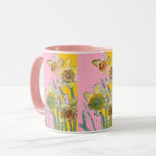 水彩画風黄色とピンクの水仙の花の絵M マグカップ (正面左)