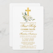 水彩画風 白 花 ゴールド 十字架 初聖体拝領 招待状 (正面/裏面)