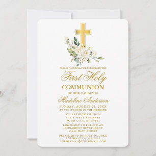 水彩画風 白 花 ゴールド 十字架 初聖体拝領 招待状