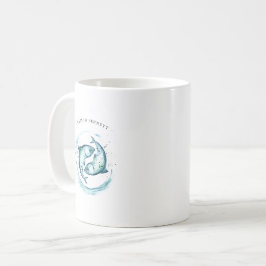 水彩画魚座占星術星座記号 | モノグラム コーヒーマグカップ (正面左)