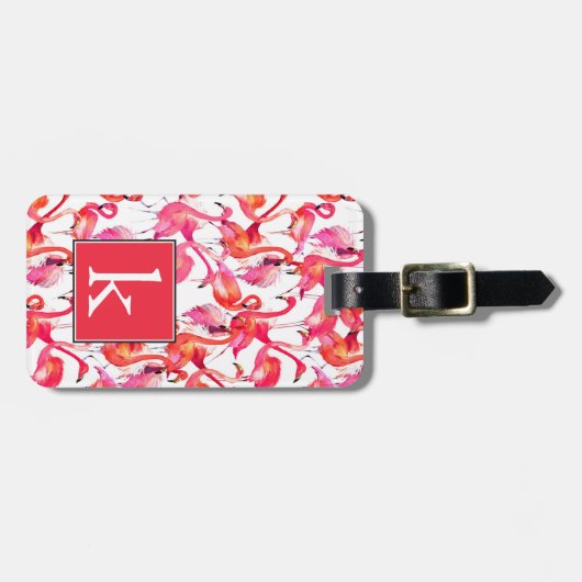 水彩画|のモノグラムの水彩画のフラミンゴ ラゲッジタグ (正面横)