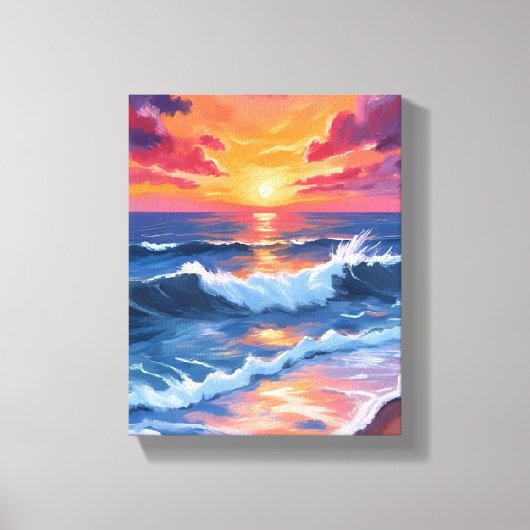水彩画 オーシャンサンセットビーチ波 キャンバスプリント (正面)