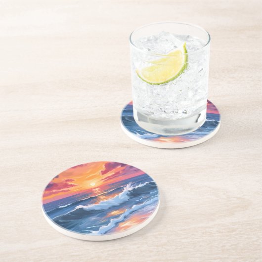 水彩画 オーシャンサンセットビーチ波 コースター (側面)