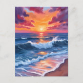 水彩画 オーシャンサンセットビーチ波 ポストカード (正面)