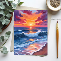 水彩画 オーシャンサンセットビーチ波