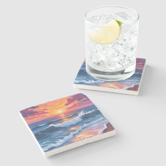 水彩画 オーシャンサンセット ビーチ 波 ストーンコースター (横)