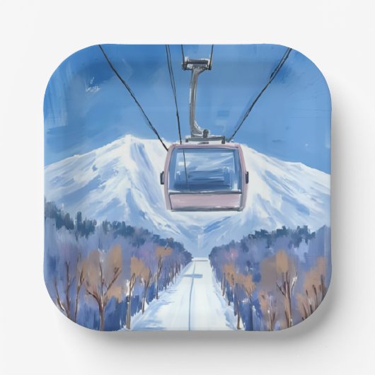 水彩画 スキー ゴンドラ 雪山 ペーパープレート (正面)