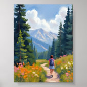 水彩画 ハイキング トレイル 山 自然 風景 ポスター (正面)