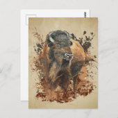 水彩画 ビソン バッファロー 動物 ワイルドライフ 自然 絵 ポストカード (正面/裏面)