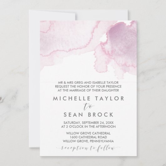 水彩画 |ピンクとパープルフォーマル結婚ズ 招待状 (正面)