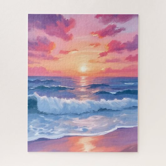 水彩画 ピンクの海洋波とサンセット ジグソーパズル (縦)