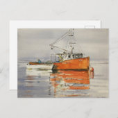 水彩画 メイン州 釣り船 オレンジ色の海景 ポスト ポストカード (正面/裏面)