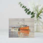水彩画 メイン州 釣り船 オレンジ色の海 穏やかな風景 ポストカード (スタンド正面)