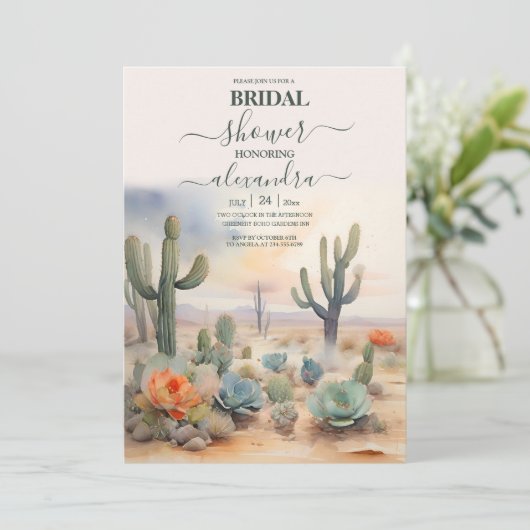 水彩画 メキシコのカクタス砂漠のブライダルシャワー 招待状 (スタンド正面)