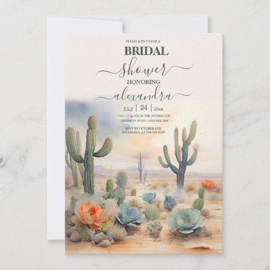 水彩画 メキシコのカクタス 砂漠の ブライズシャワー 招待状 (正面)