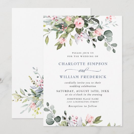 水彩画　ユーカリグリーン　ウェディング　招待状 招待状 (正面/裏面)