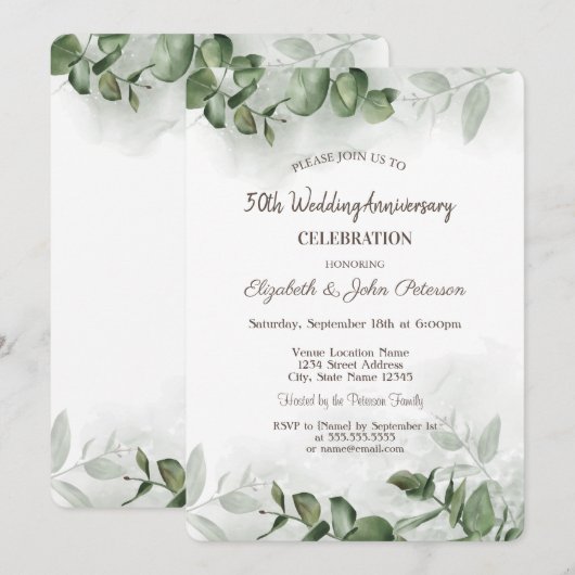 水彩画 ユーカリグリーン 装飾 ウェディング アニバーサリー 招待状 (正面/裏面)