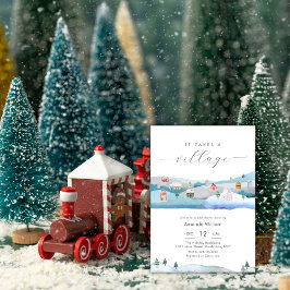 水彩画 冬の村 赤ちゃん歓迎会 招待状