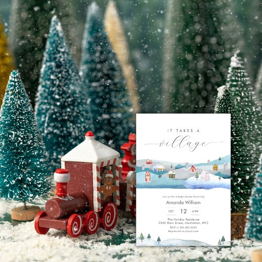 水彩画 冬の村 赤ちゃん歓迎会 招待状