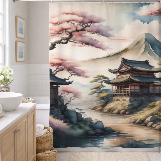 水彩画 古代の日本村 シャワーカーテン