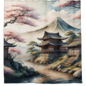 水彩画 古代の日本村 シャワーカーテン (正面)