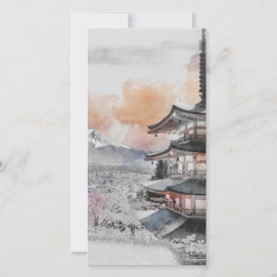 水彩画 日本の塔と富士山