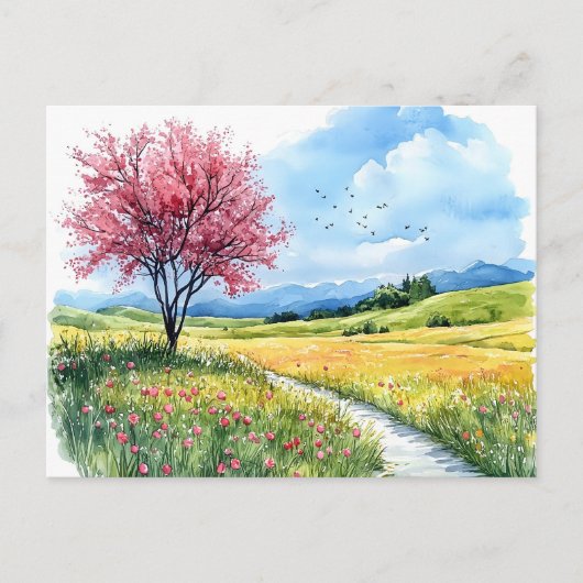 水彩画 春の自然の花 ポストカード (正面)
